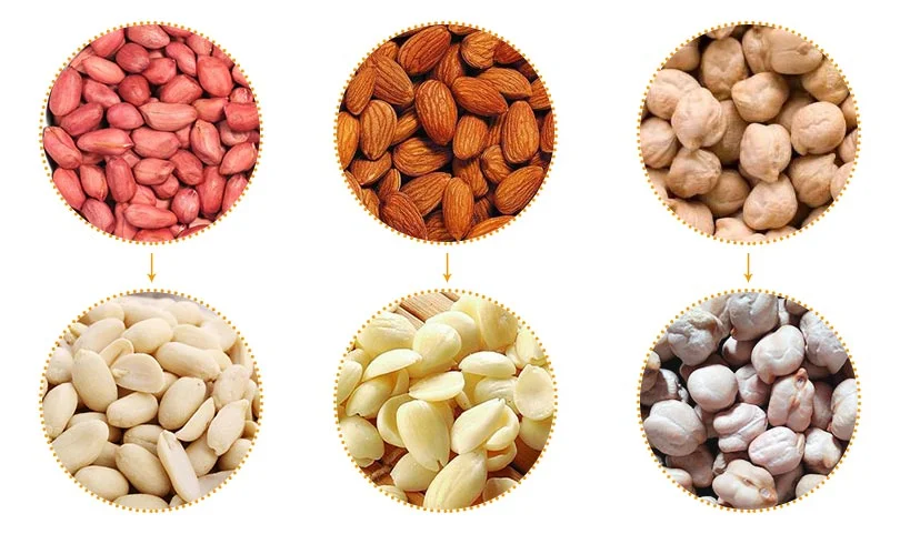 Aplicación de pelador de almendras comercial.